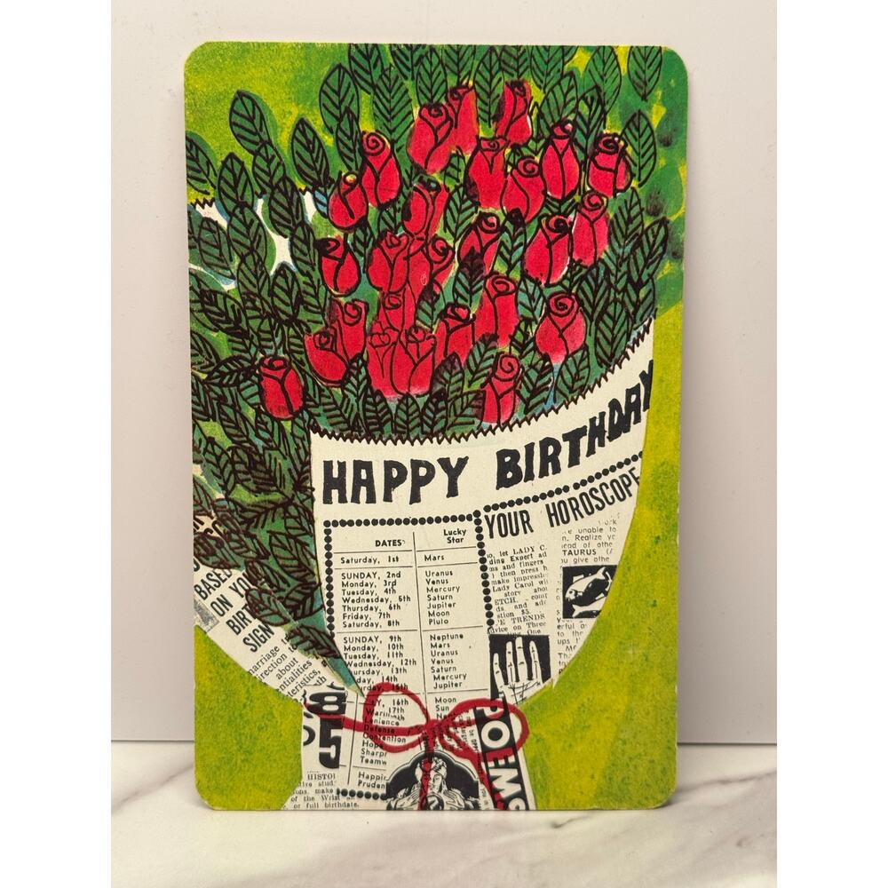 VIntage1965 Faroy postcard - roses newspaper and happy birthday